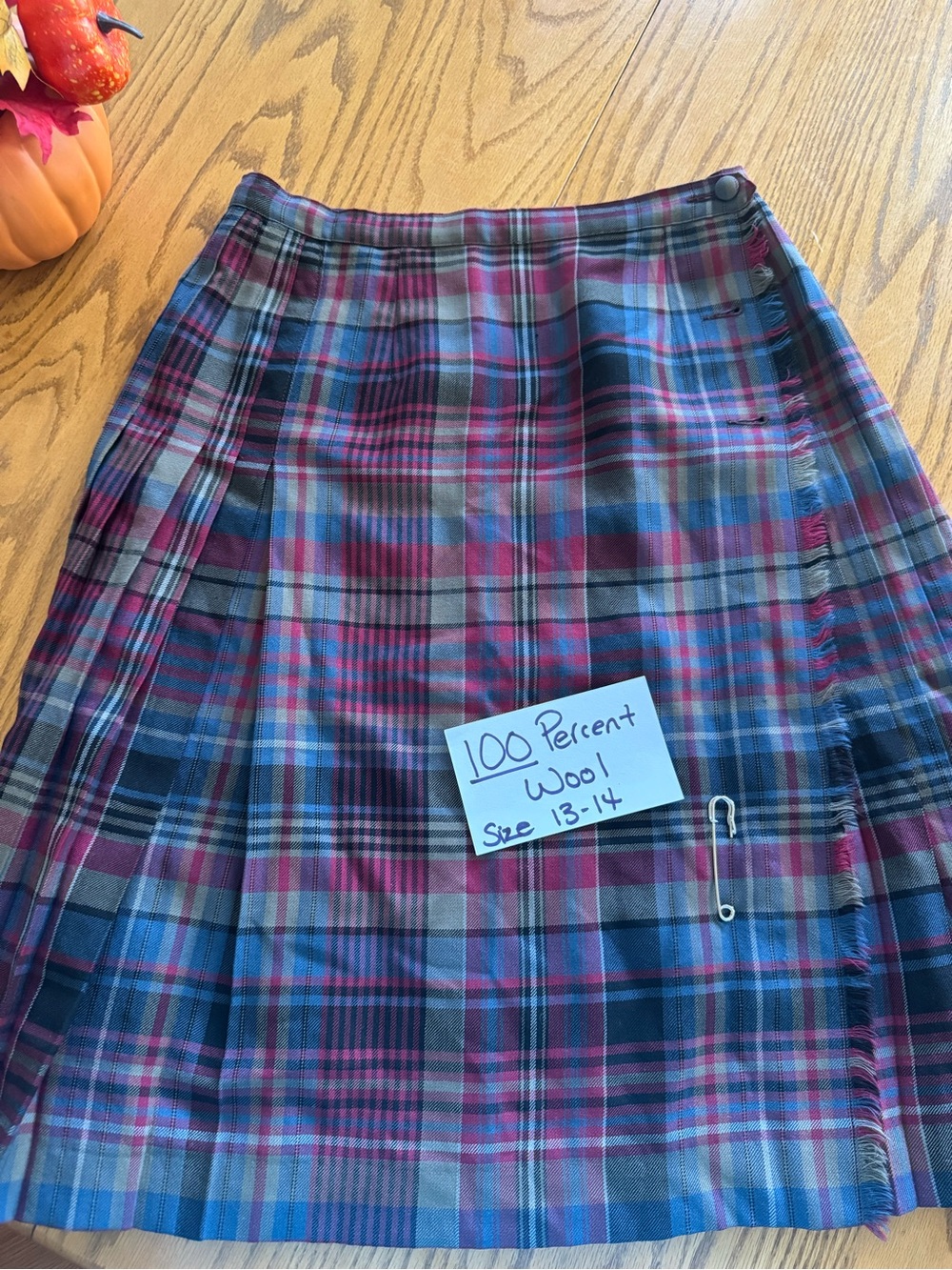 Plaid Wool Kilt Skirt in Blue and Pink